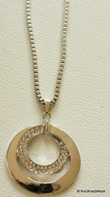 Silver Pendant, Round Crystal Rhinestone Pendant Long Chain Necklace